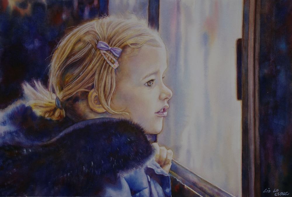 a young girl with blond hair and barettes gazes out a window